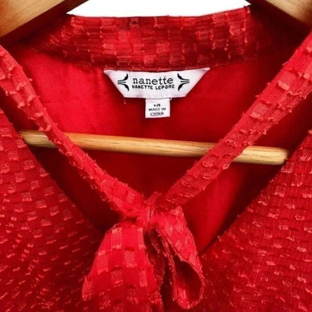Nanette Lepore Women’s Size 14 Tie-Neck Ruffle-Hem Blouson Red Dress - Picture 2 of 10